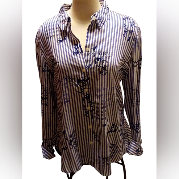 Chico’s - NWT- HI/Lo,  Long Sleeve Blue White Stripe Print Peplum Shirt, Size- 1 - Picture 2 of 13